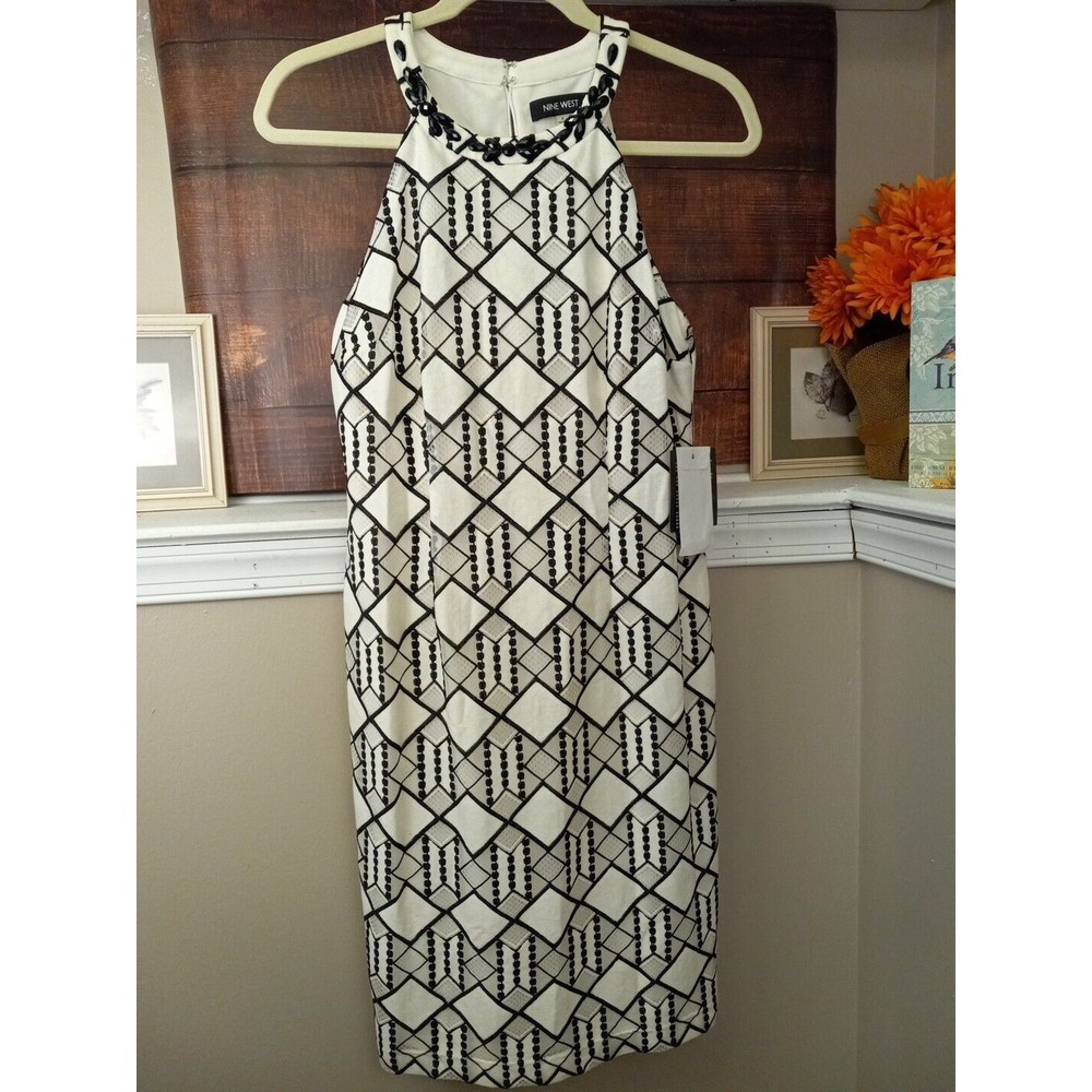 Nine West Ivory/black Geometric Sleeveless Beaded Neck Dress Size 4‎